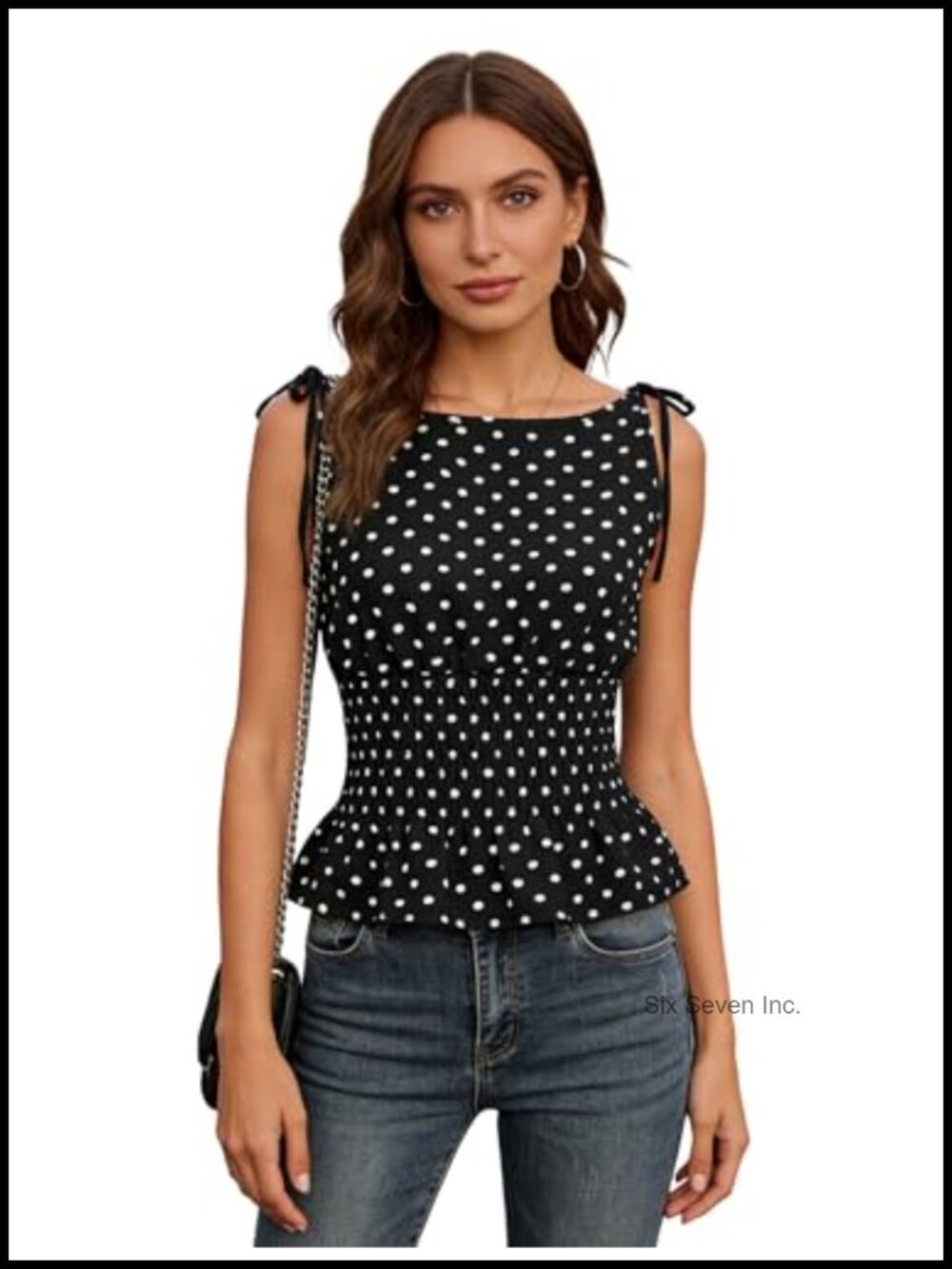 Polka Dot Smocked Waist Peplum Cami Top Tie Strap Boat Neck Sleeveless